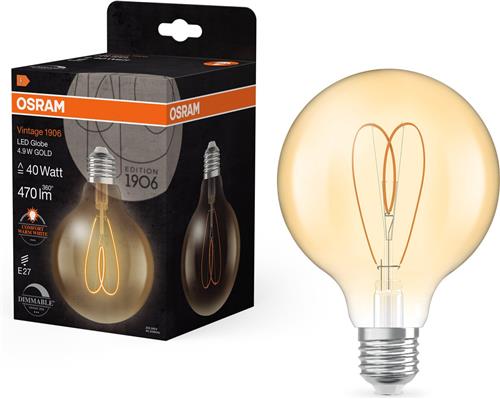 OSRAM Vintage 1906 Globe, warmwitte, dimbare LED-lamp in klassieke bolvorm met gloeidraad, biedt 4,9 W voor 470 lm, E27 fitting, goudkleurig glas, 95 mm diameter, 2200 K, EEK F.