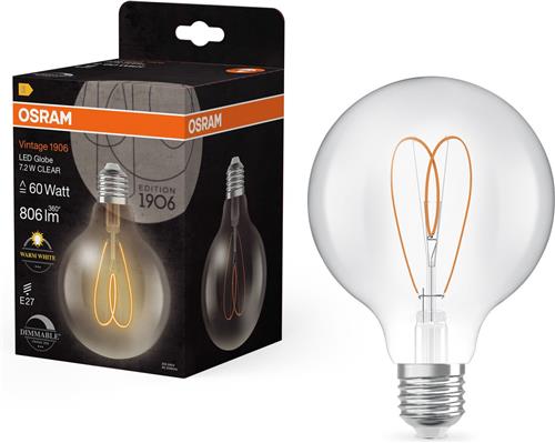 OSRAM Vintage 1906 Globe, warmwitte, dimbare LED-lamp in klassieke bolvorm met gloeidraad, biedt 7,2 W voor 806 lm, E27 fitting, helder gekleurd glas, 95 mm diameter, 2700 K, EEK E.