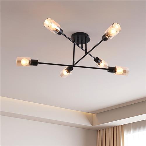 Zwarte plafondlamp Agios met amber glas, 6-lichts