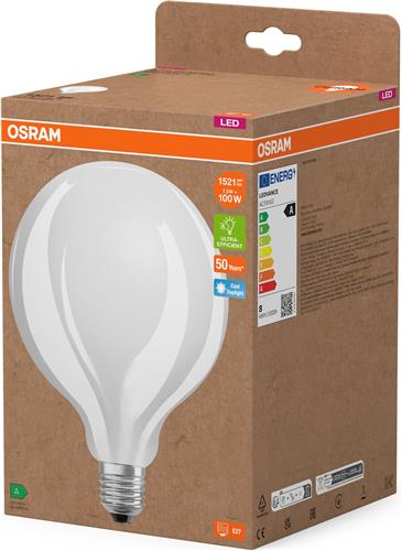 Osram LED lamp in classic bulb shape, with decorative LED filament in frosted design, energy efficiency class A, E27, 11.6 W, 2452 lm, 4000 K, cool white. 100% light straight away.