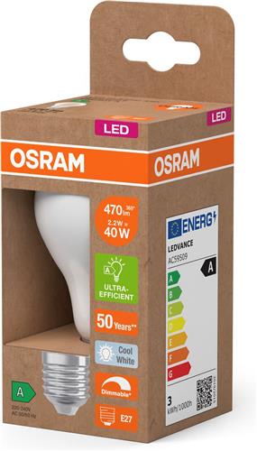 Osram Classic LED E27 Peer Filament Mat 2.2W 470lm - 840 Koel Wit | Dimbaar - Vervangt 40W