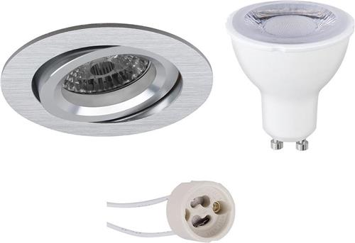 LED Spot Set - Pragmi Aerony Pro - GU10 Fitting - Dimbaar - Inbouw Rond - Mat Zilver - 6W - Warm Wit 3000K - Kantelbaar - Ø82mm