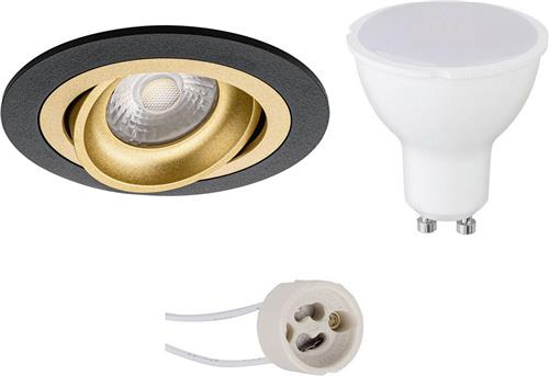 LED Spot Set - Pragmi Alpin Pro - GU10 Fitting - Inbouw Rond - Mat Zwart/Goud - 4W - Helder/Koud Wit 6400K - Kantelbaar Ø92mm