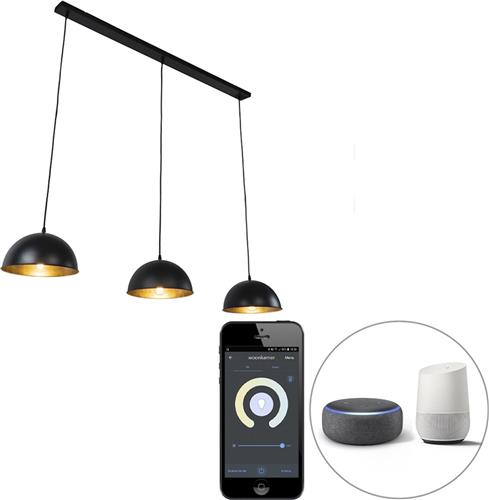 QAZQA magnax - Industriele LED Smart Hanglamp eettafel incl. wifi voor boven de eettafel | in eetkamer - 3 lichts - L 138 cm - Zwart Goud - Industrieel - Woonkamer | Slaapkamer | Keuken