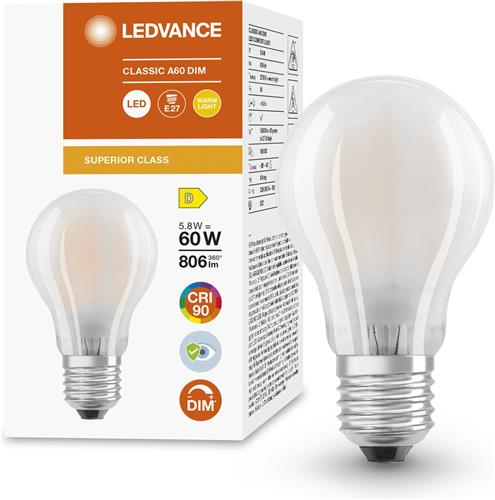 Ledvance Superior Classic LED E27 Peer Mat 5.8W 806lm - 927 Zeer Warm Wit | Dimbaar - Beste Kleurweergave
