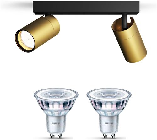 Philips Idris Opbouwspot voor Badkamer (Zwart/Goud) - Badkamerlamp - Warmwit Licht - Plafondspot met 2 Lichtpunten - GU10 - Niet Dimbaar