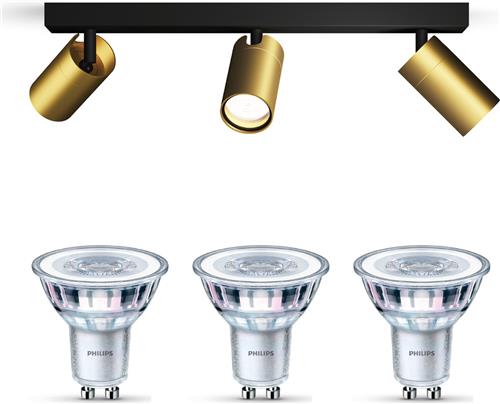 Philips Idris Opbouwspot voor Badkamer (Zwart/Goud) - Badkamerlamp - Warmwit Licht - Plafondspot met 3 Lichtpunten - GU10 - SceneSwitch - Eenvoudig Dimbaar met Je Klassieke Schakelaar
