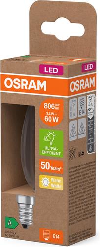 OSRAM Energy Class LED-lamp in klassieke mini-kaarsvorm, 3,8 W / 806 lm, EEK A, warm wit licht (2700 K), CRI 80, gemaakt van helder gekleurd loodvrij glas, E14 fitting, IP20, 35 mm diameter.