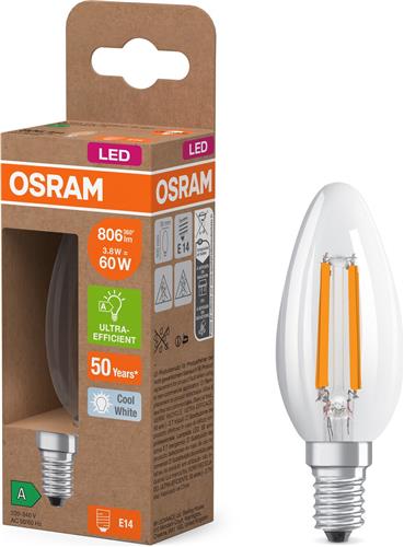 OSRAM Energy Class LED-lamp in klassieke mini-kaarsvorm, 3,8 W / 806 lm, EEK A, koud wit licht (4000 K), CRI 80, gemaakt van helder gekleurd loodvrij glas, E14 fitting, IP20, 35 mm diameter.