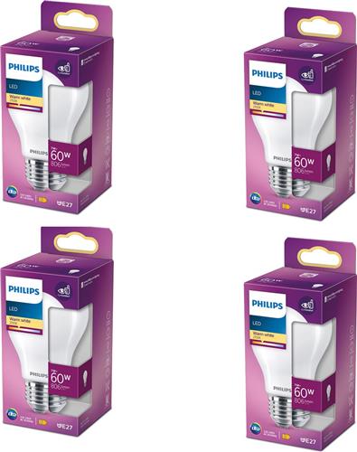 Philips Voordeelverpakking - E27 - LED Standaardlamp - Mat - 60W - Dimbaar - Warmwit Licht - Set van 4 Stuks