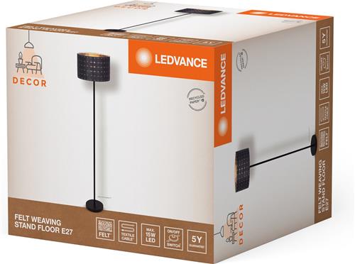 LEDVANCE vloerlamp Decor Felt Weaving Std Floor gemaakt van vilt en metaal, E 27 , 1560mm hoogte , warme lichteffecten door geweven lampenkap, duurzaam door vervangbare lichtbron, eenvoudig te installeren