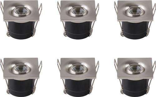 LED Veranda Spot Verlichting 6 Pack - Inbouw Vierkant 1W - Natuurlijk Wit 4200K - Mat Chroom Aluminium - 40mm
