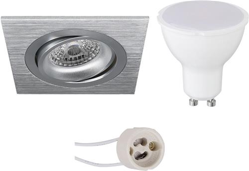 LED Spot Set - Pragmi Borny Pro - GU10 Fitting - Inbouw Vierkant - Mat Zilver - 4W - Helder/Koud Wit 6400K - Kantelbaar - 92mm