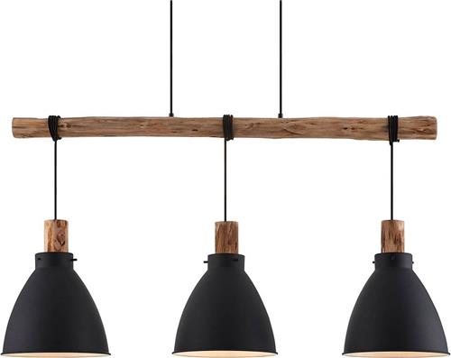 Lindby - hanglamp - 3lichts - IJzer, eucalyptushout - E27 - zwart, licht hout
