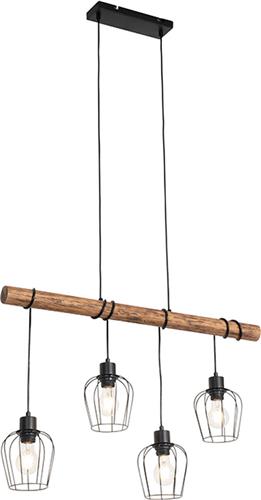 QAZQA stronk - Landelijke Hanglamp eettafel - 4 lichts - L 80 cm - Zwart - Woonkamer | Slaapkamer | Keuken