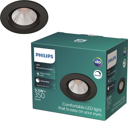 Philips Sparkle Inbouwspot - Dimbaar met dimschakelaar - 5.5W - Warmwit licht - Zwart