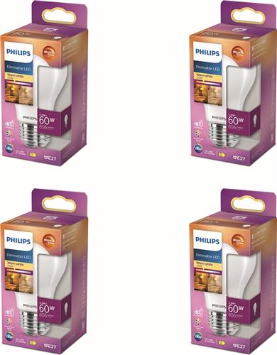 Philips Voordeelverpakking - E27 - WarmGlow - LED Standaardlamp - Mat - 60W - Dimbaar - Warmwit Licht - Set van 4 Stuks