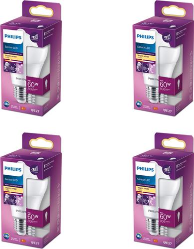 Philips Voordeelverpakking - E27 - LED Standaardlamp met Bewegingssensor - Mat - 60W - Niet Dimbaar - Warmwit Licht - Set van 4 Stuks