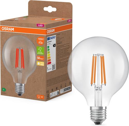 Osram LED lamp in classic Edison shape, with decorative LED filament, energy efficiency class A, E27, 5 W, 1055 lm, 4000 K, cool white. 100% light straight away, with no warming up. Low flickering