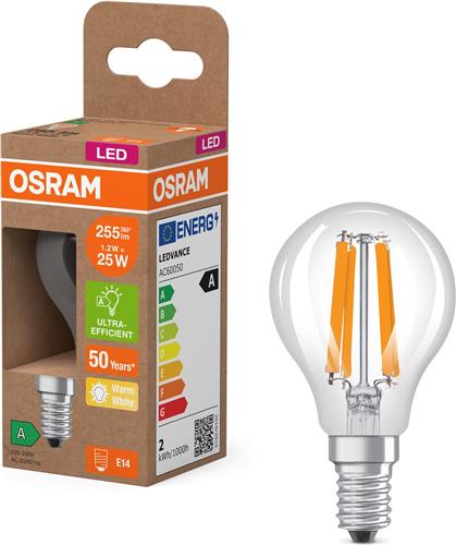 Osram LED lamp in classic globe shape, with decorative LED filament, energy efficiency class A, E27, 2.2 W, 470 lm, 4000 K, cool white. 100% light straight away, with no warming up. Low flickering