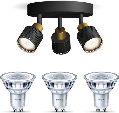 Philips Niall Opbouwspot (Zwart/Goud) - Warmwit Licht - Plafondspot met 3 Lichtpunten - GU10 - SceneSwitch - Eenvoudig Dimbaar met Je Klassieke Schakelaar