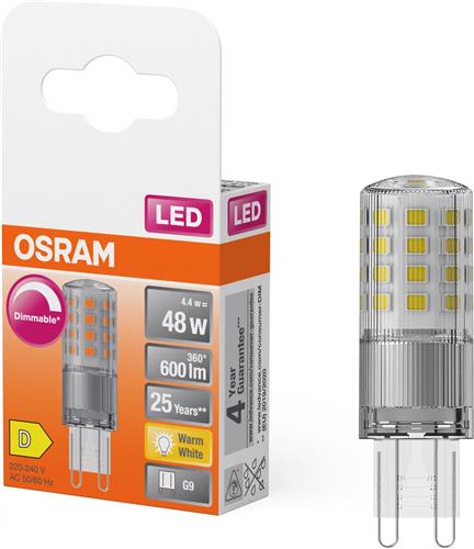 OSRAM LED PIN LED-lamp van helder gekleurd kunststof, met 4,4 W voor 600 lm, warmwit licht met 2700 K, veelkleurig, retrofit-fitting G9, CRI 80, EEK D, dimbaar.