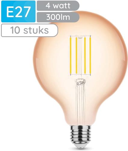 Modee E27 LED Lamp Dimbaar 4W - 300lm - 1800K - Warm Wit - LED Filament Amber Globe G125 - Vervangt 28W Halogeen Gloeilamp - 10 stuks