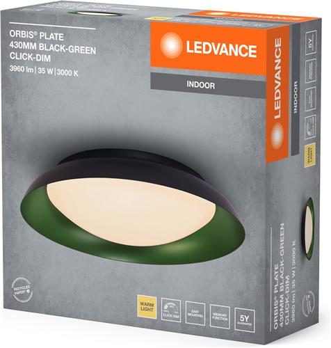 LEDVANCE Orbis Plate LED plafondlamp, zwart-groen, 35W, 1700lm, 3000K, 430mm, 830 vriendelijk warm wit, dimbaar in 3 niveaus door te trappen, IP20 bescherming, inclusief montageschroeven en pluggen