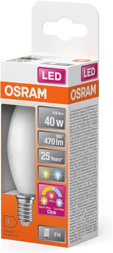 OSRAM LED Superstar Klassieke LED-lamp in B-bulb vorm met drie lichtscènes Relax, Actief, Slaap, gemaakt van mat kunststof, 4,9W, E14 fitting, kleurtemperatuur 2700-4000 K, regelbaar via wandschakelaar.