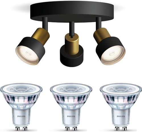 Philips Conduit Opbouwspot (Zwart/Goud) - Warmwit Licht - Plafondspot met 3 Lichtpunten - GU10 - Niet Dimbaar