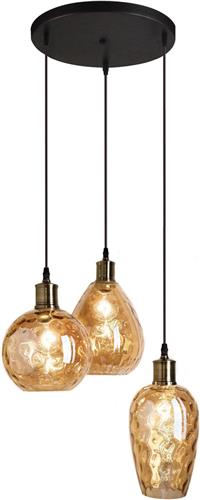 Design hanglamp Verona met amber glas met bolling detail, 3-lichts
