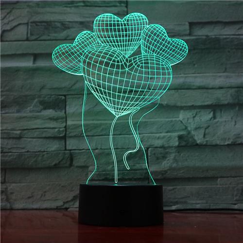 3D Led Lamp Met Gravering - RGB 7 Kleuren - Hartjes Ballonnen