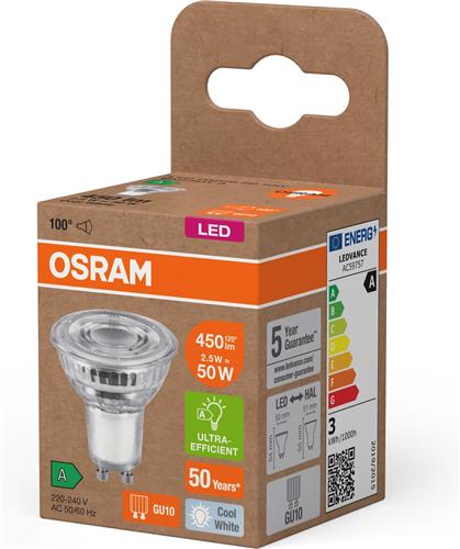 OSRAM Energy Class LED-Reflektor-Lampe PAR16 mit 2.5 W, 450 lm, kaltweiß (4000 K) aus bleifreiem Glas mit GU10 Sockel in der Energieeffizienzklasse A, 50 mm Durchmesser, IP20.