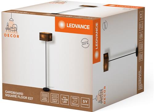 LEDVANCE vloerlamp Decor Cardboard Vierkant bruin van golfkarton, lichtgewicht, E27, 1600 mm hoogte, lampenkap van gerecycled materiaal, duurzaam dankzij vervangbare lichtbron, eenvoudig te installeren