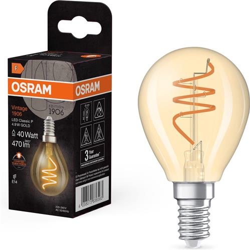 OSRAM Vintage 1906 Klassieke, warmwitte LED-lamp met spiraalgloeidraad in klassieke minibolvorm, biedt 4,9 W, 470 lm, E14 fitting, goudkleurig glas, 45 mm diameter, 2200 K.