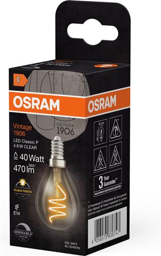 OSRAM Vintage 1906 Klassieke, warmwitte, dimbare LED-lamp in minibolvorm met spiraalgloeidraad, biedt 4,6 W voor 470 lm, E14 fitting, helder gekleurd glas, 45 mm diameter, 2700 K.