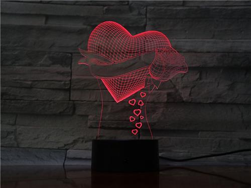 3D Led Lamp Met Gravering - RGB 7 Kleuren - Hart Met Roos