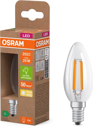 Osram LED lamp in classic miniball shape, with decorative LED filament, energy efficiency class A, E14, 1.2 W, 255 lm, 2700 K, warm white. 100% light straight away, with no warming up.