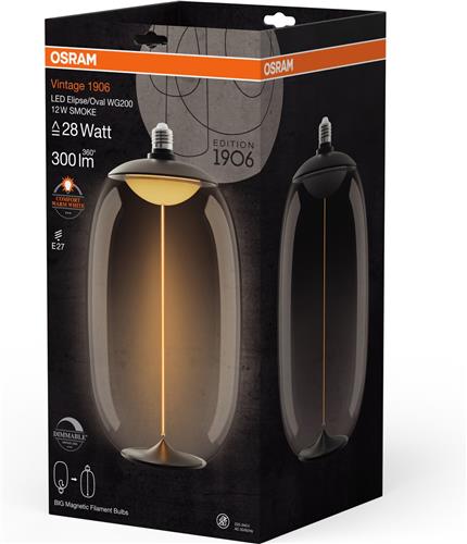 OSRAM Vintage 1906 Big Elipse Oval, dimbare LED-lamp van kunststof met gloeidraad in de vorm van een ellips, biedt 12 W voor 300 lm, E27 fitting, smoke design, 200 mm diameter, CRI 80, 1800 K.