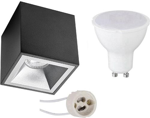Opbouwspot Set - Pragmi Cliron Pro - GU10 Fitting - Opbouw Vierkant - Mat Zwart/Zilver - 4W - Helder/Koud Wit 6400K - Verdiept - 90mm
