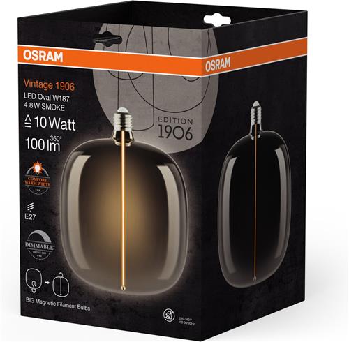 OSRAM Vintage 1906 Big Oval, dimbare, decoratieve lamp met LED-filamentmagneettechnologie, biedt 4,8 W voor 100 lm, E27 fitting, smoke design, 187 mm diameter, CRI 80.