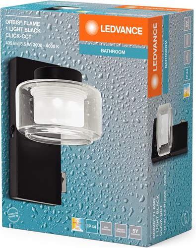 LEDVANCE ORBIS Flame wand- en plafondlamp met LED, zwart, 5,5W, 350lm, 3000/4000K, kleurtemperatuur instelbaar via wandschakelaar (koud wit/warm wit), IP44 bescherming tegen vreemde voorwerpen en spatwater