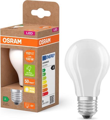OSRAM LED Superstar Classic LED-lamp A 100 in klassieke bolvorm van matglas, 7,2 W, 1521 lm, E27 fitting, warm wit licht met 2700 K, EEK A, 60 mm diameter.