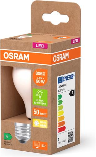 OSRAM LED Superstar Classic LED-lamp A 60 in klassieke bolvorm van matglas, 3,8 W, 806 lm, E27 fitting, 2700 K voor warm wit licht, EEK A, diameter 60 mm.