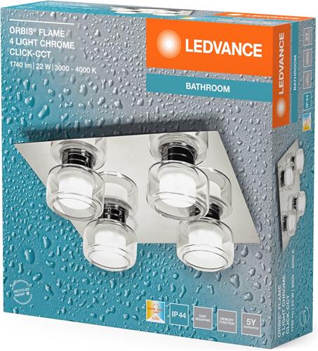 LEDVANCE ORBIS Flame wand- en plafondlamp met LED, chroom, 22W, 1400lm, 3000/4000K, kleurtemperatuur instelbaar via wandschakelaar (koud wit en warm wit), IP44 bescherming tegen vreemde voorwerpen en spatwater