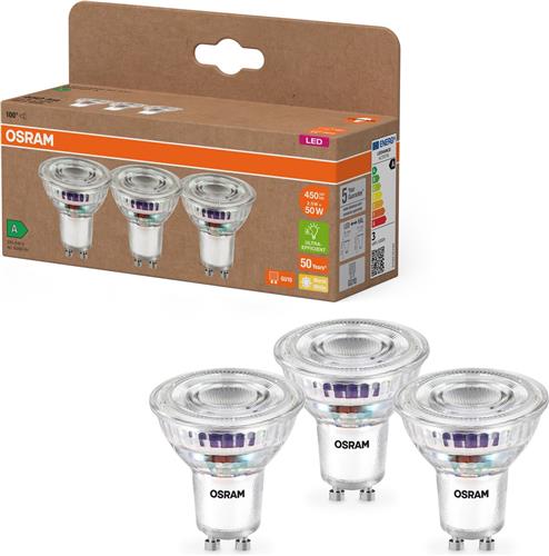 OSRAM Energieklasse LED-reflectorlamp PAR16 met 2,5 W, 450 lm, warm wit (2700 K) gemaakt van helder loodvrij glas met GU10 voet in energie-efficiëntieklasse A, 50 mm diameter, IP20.