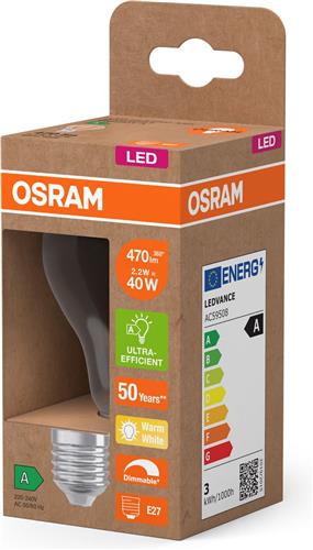 OSRAM Energy Class LED-lamp in klassieke gloeilampvorm, 2,2 W / 470 lm, EEK A, warm wit licht (2700 K), CRI 80, gemaakt van helder gekleurd loodvrij glas, E27 fitting, IP20, 60 mm diameter, dimbaar .
