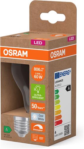 OSRAM Energy Class LED-lamp in klassieke gloeilampvorm, 3,8 W / 806 lm, EEK A, koud wit licht (4000 K), CRI 80, gemaakt van helder gekleurd loodvrij glas, E27 fitting, IP20, 60 mm diameter, dimbaar .