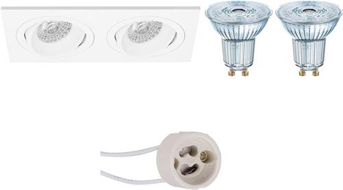 LED Spot Set - OSRAM Parathom PAR16 930 36D - Pragmi Borny Pro - GU10 Fitting - Dimbaar - Inbouw Rechthoek Dubbel - Mat Wit - 3.7W - Warm Wit 3000K - Kantelbaar - 175x92mm