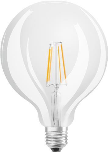 OSRAM LED Star Globe LED-lamp in klassieke bolvorm, 7 W / 806 lm, 4000 K voor koud wit licht, CRI 80, helder loodvrij glas, E27 fitting, IP20, EEK E, 125 mm diameter.